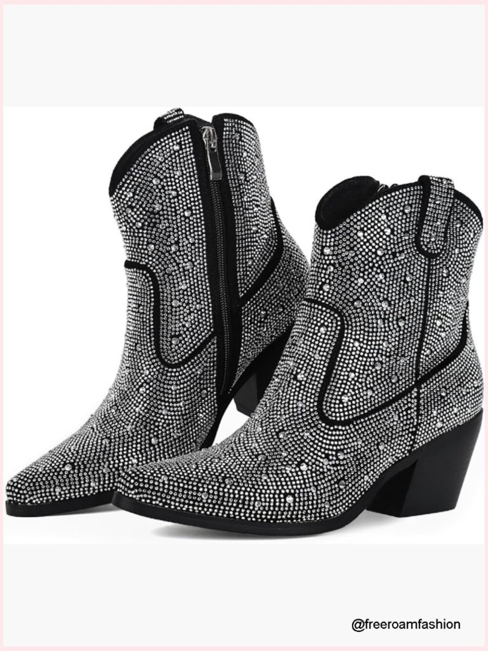 Rhinestone Cowboy Boots Glitter Chunky Heel Sparkly Ankle Boots